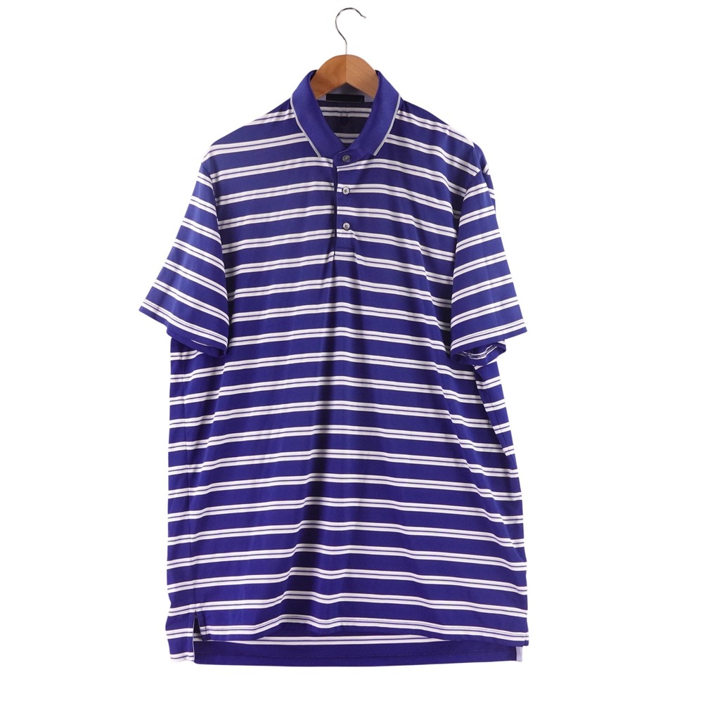 Greyson Mens Striped Golf Polo Shirt Blue White Short Sleeve Wolf Logo Size L